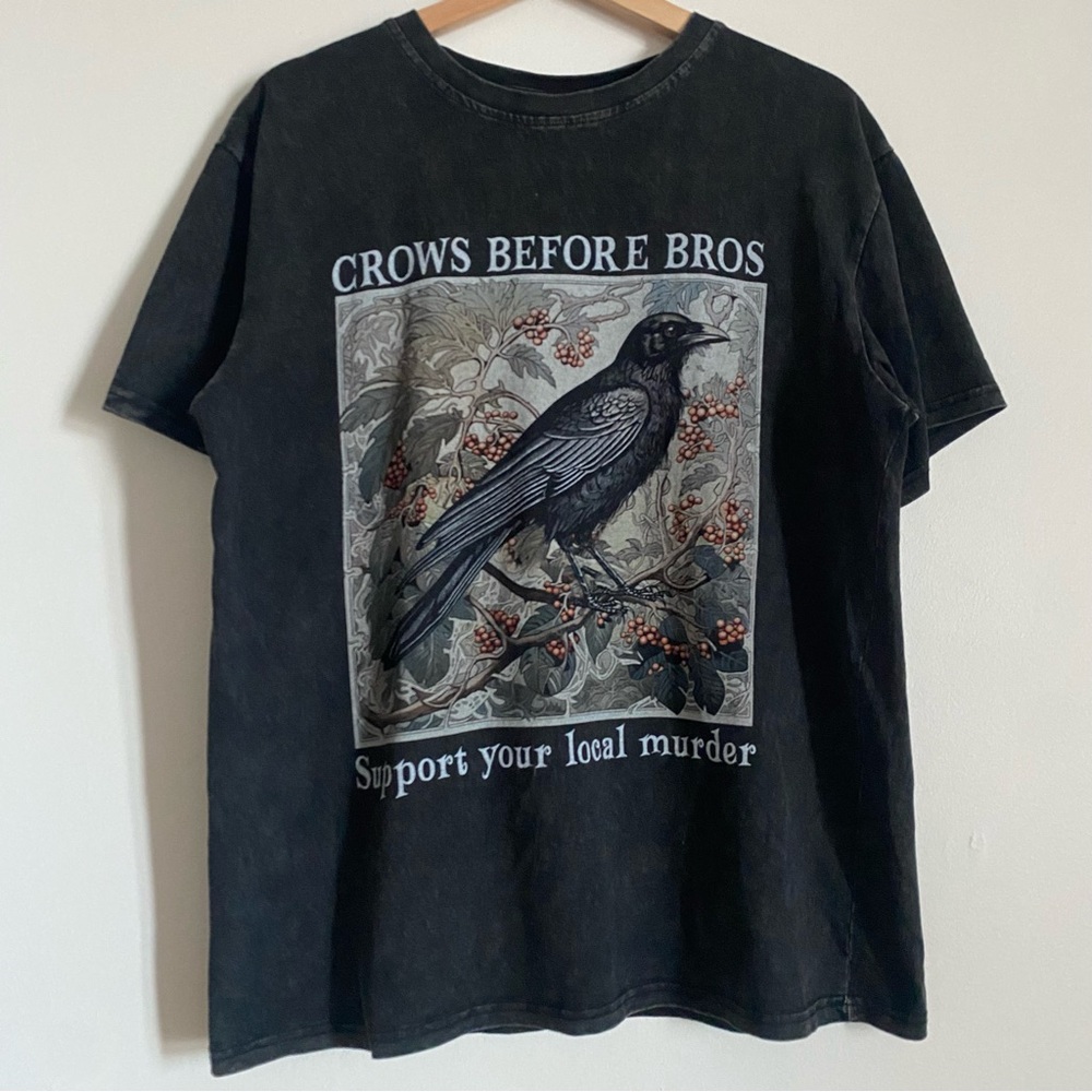 Black Graphic Tee with Crow Design